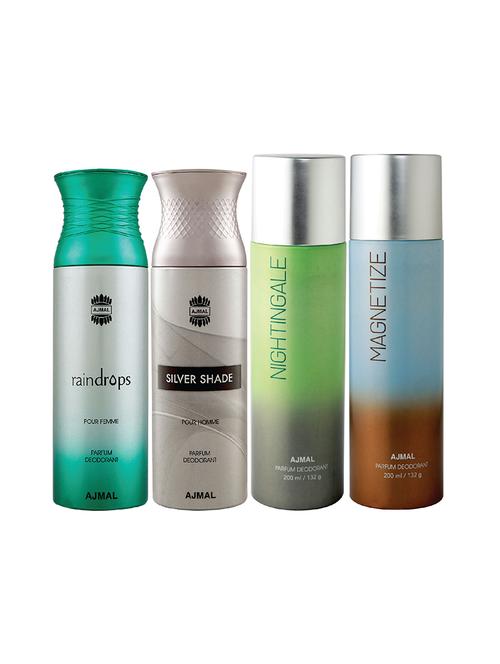 ajmal 1 raindrops for women,1 silver shade for men,1 nightingale,1 magnetize unisex pack of 4 deos(total 800ml)+3 testers - 17404918 - Very Small Image - 1