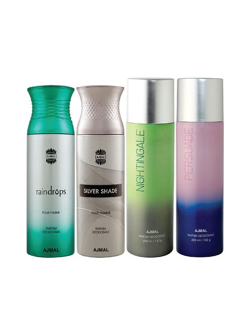 ajmal 1 raindrops for women,1 silver shade for men,1 nightingale,1 persuade unisex pack of 4 deos(total 800ml)+3 testers - 17404919 - Very Small Image - 1