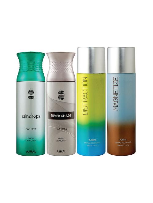 ajmal 1 raindrops for women,1 silver shade for men,1 distraction,1 magnetize unisex pack of 4 deos(total 800ml)+3 testers - 17404920 - Very Small Image - 1