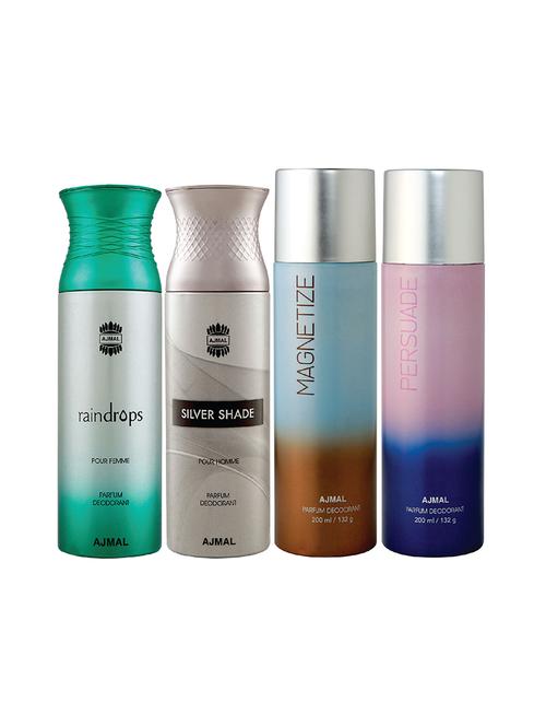 ajmal 1 raindrops for women,1 silver shade for men,1 magnetize,1 persuade unisex combo pack of 4 deos(total 800ml)+3 testers - 17404921 - Very Small Image - 1