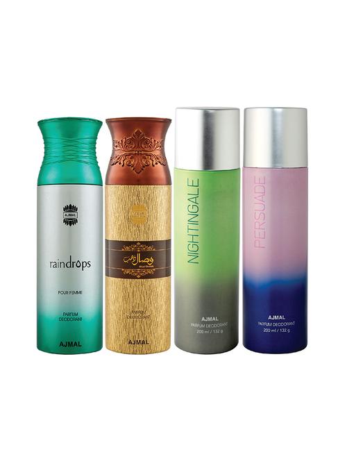 ajmal 1 raindrops for women,1 wisal dhahab for men,1 nightingale,1 persuade unisex pack of 4 deos(total 800ml)+3 testers - 17404924 - Very Small Image - 1