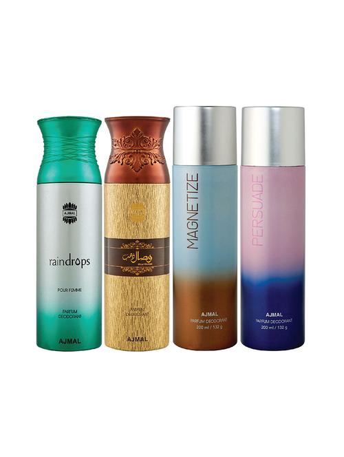 ajmal 1 raindrops for women,1 wisal dhahab for men,1 magnetize,1 persuade unisex combo pack of 4 deos(total 800ml)+3 testers - 17404926 - Very Small Image - 1