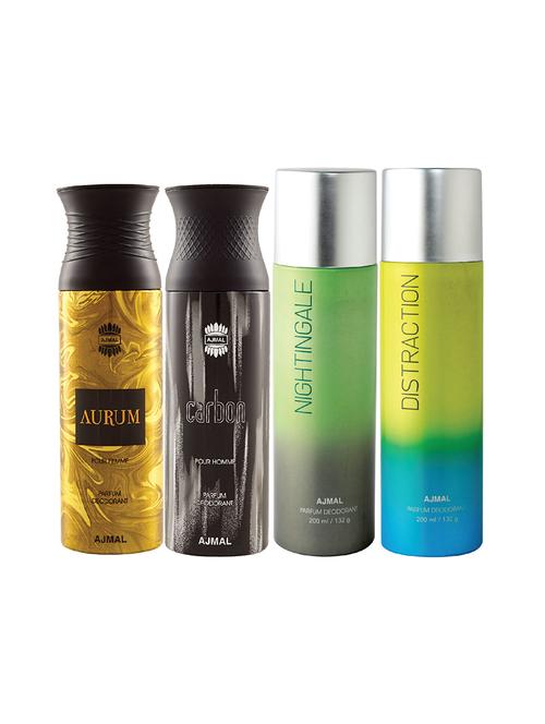 ajmal 1 aurum for women,1 carbon for men,1 nightingale,1 distraction unisex deodorant combo pack of 4(total 800ml)+3 testers - 17404937 - Very Small Image - 1