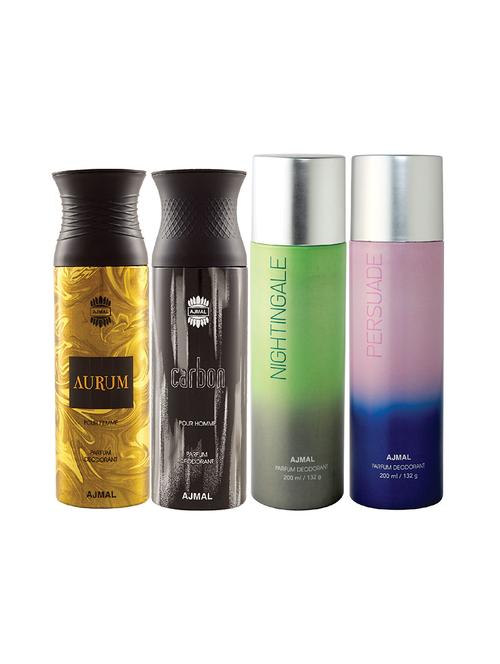 ajmal 1 aurum for women,1 carbon for men,1 nightingale,1 persuade for unisex deodorant combo pack of 4(total 800ml)+3 testers - 17404939 - Very Small Image - 1