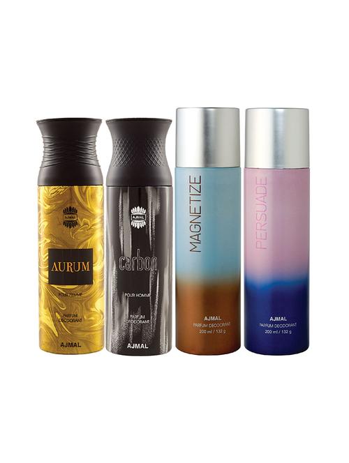 ajmal 1 aurum for women,1 carbon for men,1 magnetize,1 persuade for unisex deodorants combo pack of 4(total 800ml)+3 testers - 17404941 - Very Small Image - 1