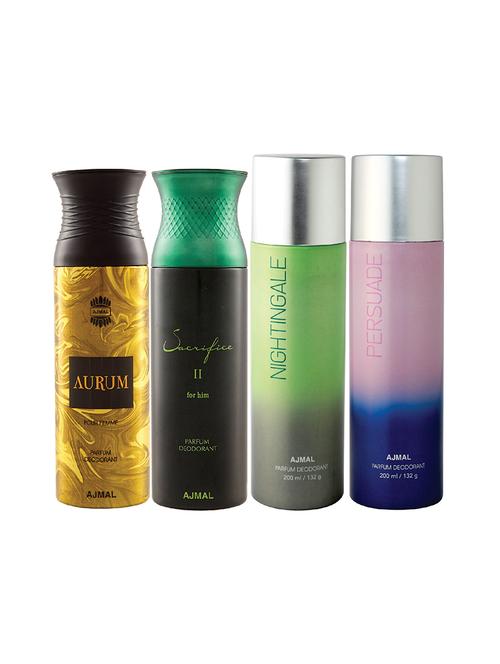 ajmal 1 aurum for women,1 sacrifice ii for men,1 nightingale,1 persuade unisex combo pack of 4 deos(total 800ml)+3 testers - 17404949 - Very Small Image - 1