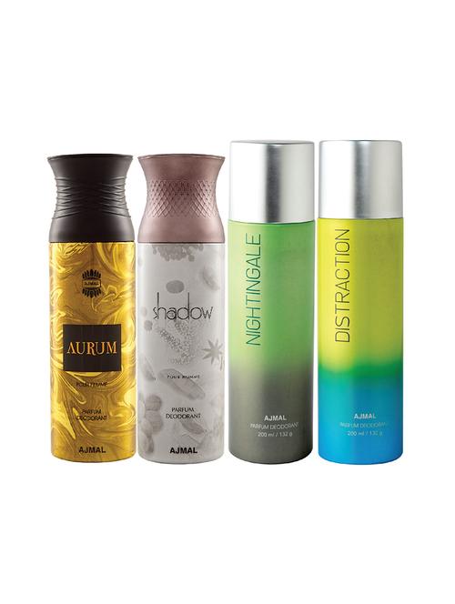 ajmal 1 aurum for women,1 shadow for men,1 nightingale,1 distraction unisex deodorant combo pack of 4(total 800ml)+3 testers - 17404952 - Very Small Image - 1