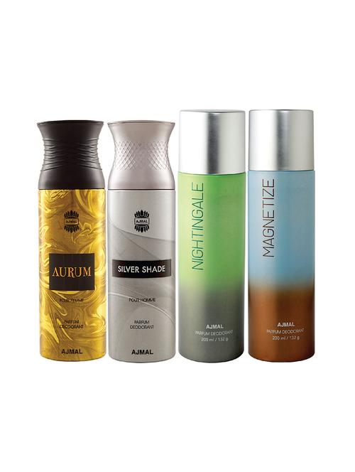 ajmal 1 aurum for women,1 silver shade for men,1 nightingale,1 magnetize unisex combo pack of 4 deos(total 800ml)+3 testers - 17404958 - Very Small Image - 1