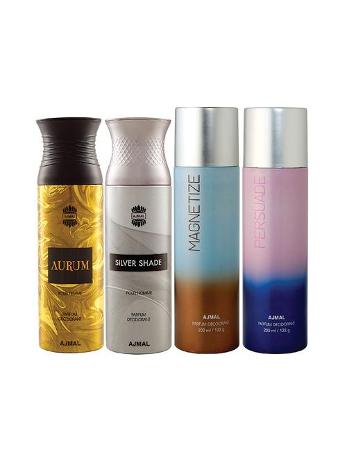 ajmal 1 aurum for women,1 silver shade for men,1 magnetize,1 persuade unisex deodorant combo pack of 4(total 800ml)+3 testers - 17404961 - Very Small Image - 1