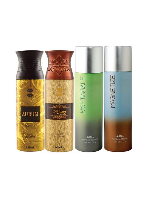 ajmal 1 aurum for women,1 wisal dhahab for men,1 nightingale,1 magnetize unisex combo pack of 4 deos(total 800ml)+3 testers - 17404963 - Very Small Image - 1