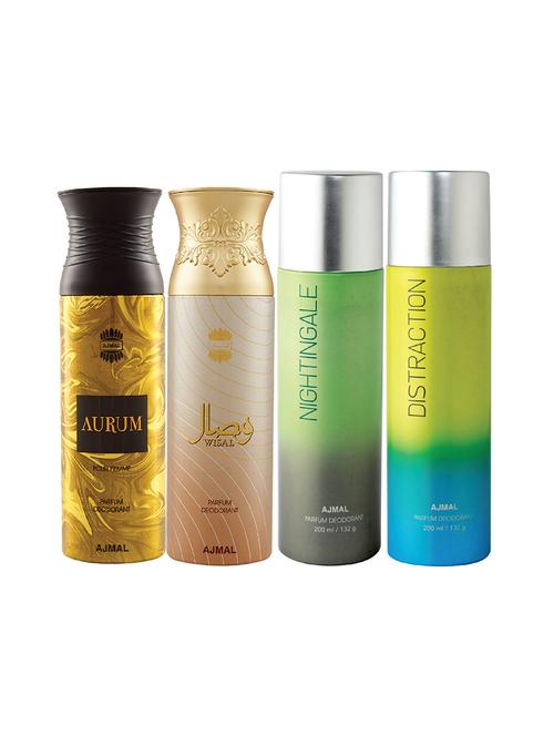 ajmal 1 aurum for women,1 wisal for women,1 nightingale,1 distraction unisex deodorant combo pack of 4(total 800ml)+3 testers - 17404967 - Very Small Image - 1