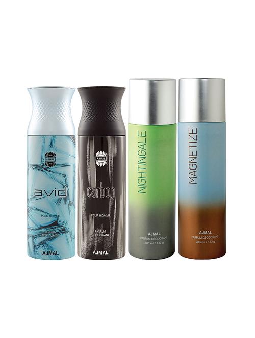 ajmal 1 avid for men,1 carbon for men,1 nightingale,1 magnetize for unisex deodorants combo pack of 4(total 800ml)+3 testers - 17404973 - Very Small Image - 1