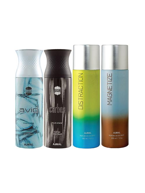 ajmal 1 avid for men,1 carbon for men,1 distraction,1 magnetize for unisex deodorants combo pack of 4(total 800ml)+3 testers - 17404975 - Very Small Image - 1