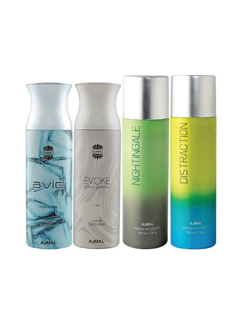 ajmal 1 avid for men,1 evoke silver for men,1 nightingale,1 distraction unisex combo pack of 4 deos(total 800ml)+3 testers - 17404977 - Very Small Image - 1