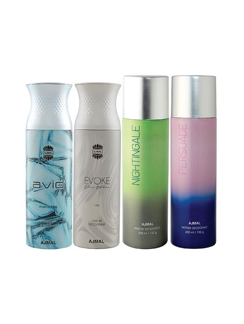 ajmal 1 avid for men,1 evoke silver for men,1 nightingale,1 persuade unisex deodorant combo pack of 4(total 800ml)+3 testers - 17404979 - Very Small Image - 1