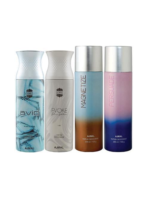 ajmal 1 avid for men,1 evoke silver for men,1 magnetize,1 persuade unisex deodorant combo pack of 4(total 800ml)+3 testers - 17404981 - Very Small Image - 1