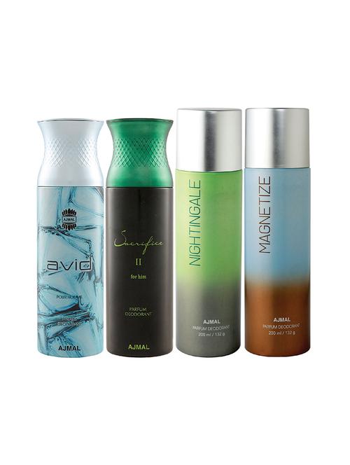 ajmal 1 avid for men,1 sacrifice ii for men,1 nightingale,1 magnetize unisex deodorant combo pack of 4(total 800ml)+3 testers - 17404983 - Very Small Image - 1