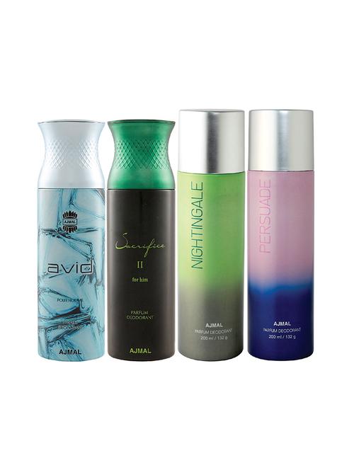 ajmal 1 avid for men,1 sacrifice ii for men,1 nightingale,1 persuade unisex deodorant combo pack of 4(total 800ml)+3 testers - 17404984 - Very Small Image - 1