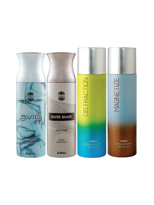 ajmal 1 avid for men,1 silver shade for men,1 distraction,1 magnetize unisex deodorant combo pack of 4(total 800ml)+3 testers - 17404995 - Very Small Image - 1