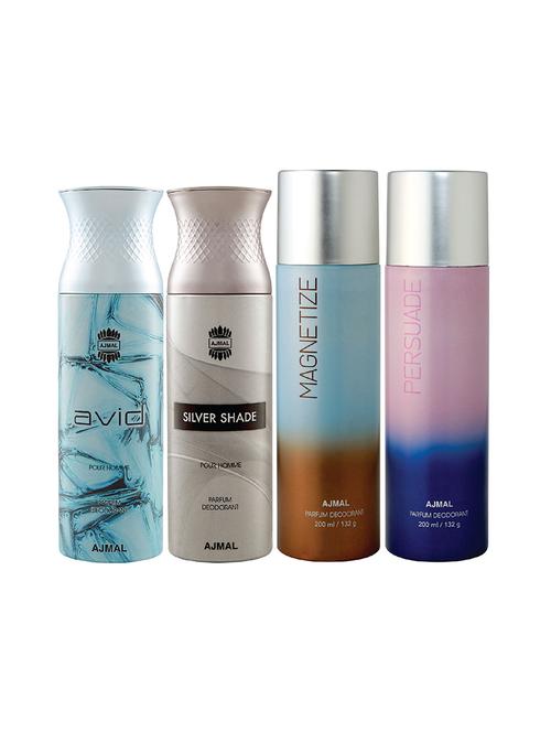 ajmal 1 avid for men,1 silver shade for men,1 magnetize,1 persuade unisex deodorant combo pack of 4(total 800ml)+3 testers - 17404996 - Very Small Image - 1