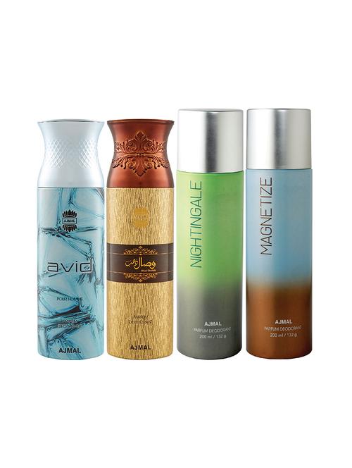 ajmal 1 avid for men,1 wisal dhahab for men,1 nightingale,1 magnetize unisex deodorant combo pack of 4(total 800ml)+3 testers - 17404998 - Very Small Image - 1