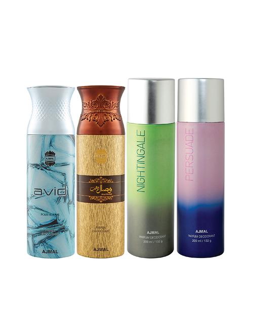 ajmal 1 avid for men,1 wisal dhahab for men,1 nightingale,1 persuade unisex deodorant combo pack of 4(total 800ml)+3 testers - 17404999 - Very Small Image - 1