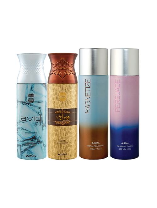 ajmal 1 avid for men,1 wisal dhahab for men,1 magnetize,1 persuade unisex deodorant combo pack of 4(total 800ml)+3 testers - 17405001 - Very Small Image - 1