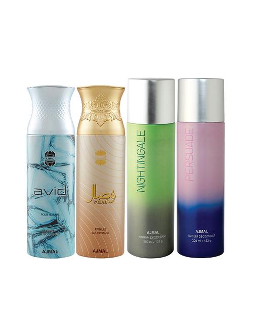 ajmal 1 avid for men,1 wisal for women,1 nightingale,1 persuade for unisex deodorants combo pack of 4(total 800ml)+3 testers - 17405004 - Very Small Image - 1