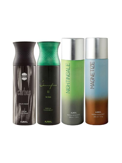ajmal 1 carbon for men,1 sacrifice ii for men,1 nightingale,1 magnetize unisex combo pack of 4 deos(total 800ml)+3 testers - 17405013 - Very Small Image - 1