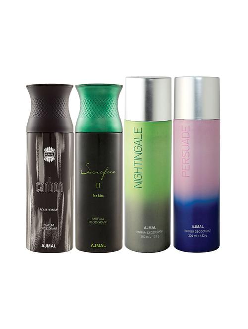 ajmal 1 carbon for men,1 sacrifice ii for men,1 nightingale,1 persuade unisex combo pack of 4 deos(total 800ml)+3 testers - 17405014 - Very Small Image - 1