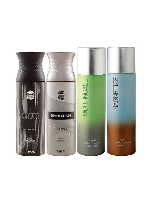 ajmal 1 carbon for men,1 silver shade for men,1 nightingale,1 magnetize unisex combo pack of 4 deos(total 800ml)+3 testers - 17405023 - Very Small Image - 1