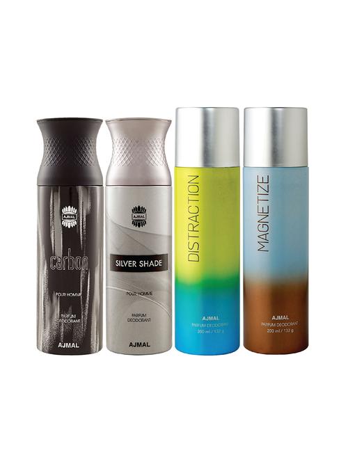 ajmal 1 carbon for men,1 silver shade for men,1 distraction,1 magnetize unisex combo pack of 4 deos(total 800ml)+3 testers - 17405025 - Very Small Image - 1