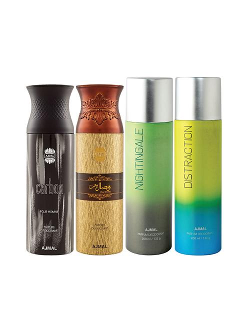ajmal 1 carbon for men,1 wisal dhahab for men,1 nightingale,1 distraction unisex combo pack of 4 deos(total 800ml)+3 testers - 17405027 - Very Small Image - 1