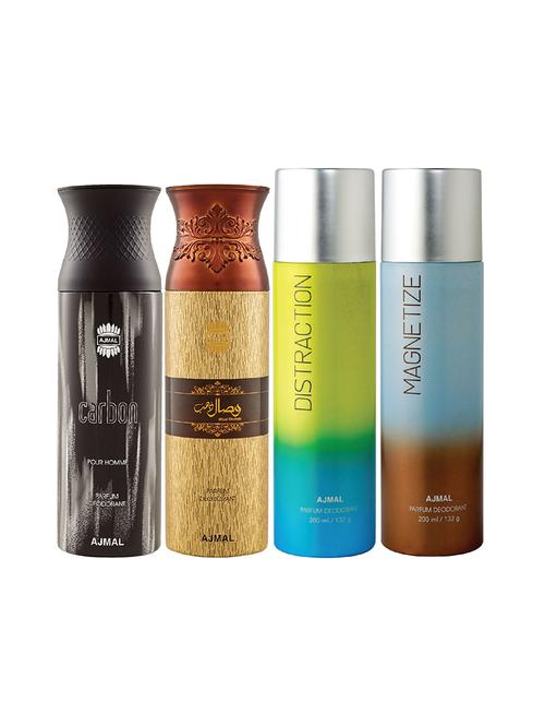 ajmal 1 carbon for men,1 wisal dhahab for men,1 distraction,1 magnetize unisex combo pack of 4 deos(total 800ml)+3 testers - 17405030 - Very Small Image - 1