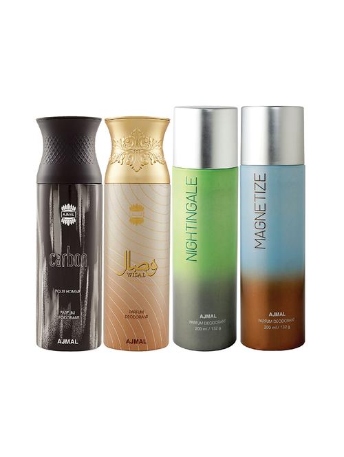 ajmal 1 carbon for men,1 wisal for women,1 nightingale,1 magnetize unisex deodorant combo pack of 4(total 800ml)+3 testers - 17405033 - Very Small Image - 1