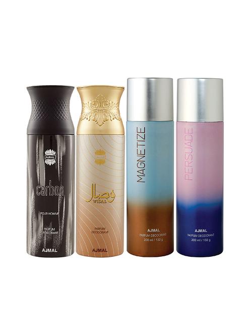 ajmal 1 carbon for men,1 wisal for women,1 magnetize,1 persuade for unisex deodorants combo pack of 4(total 800ml)+3 testers - 17405036 - Very Small Image - 1