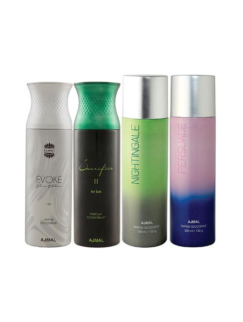 ajmal 1 evoke silver for him , 1 sacrifice ii for him , 1 nightingale and 1 persuade deodorants pack of 4 + 3 testers - 17405039 - Very Small Image - 1