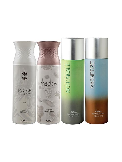 ajmal 1 evoke silver for men,1 shadow for men,1 nightingale,1 magnetize unisex combo pack of 4 deos(total 800ml)+3 testers - 17405043 - Very Small Image - 1