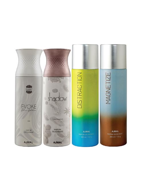 ajmal 1 evoke silver for men,1 shadow for men,1 distraction,1 magnetize unisex combo pack of 4 deos(total 800ml)+3 testers - 17405045 - Very Small Image - 1