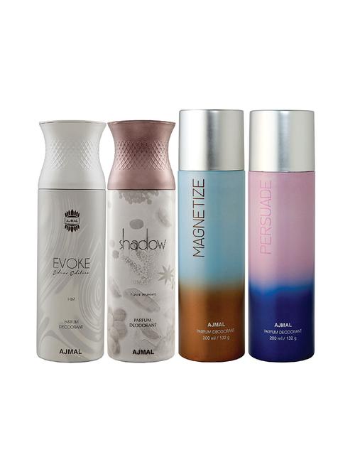 ajmal 1 evoke silver for men,1 shadow for men,1 magnetize,1 persuade unisex deodorant combo pack of 4(total 800ml)+3 testers - 17405046 - Very Small Image - 1