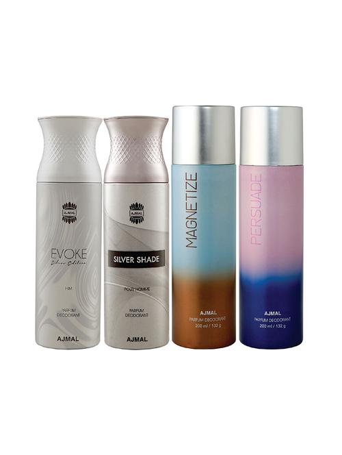 ajmal 1 evoke silver for men,1 silver shade for men,1 magnetize,1 persuade unisex combo pack of 4 deos(total 800ml)+3 testers - 17405051 - Very Small Image - 1