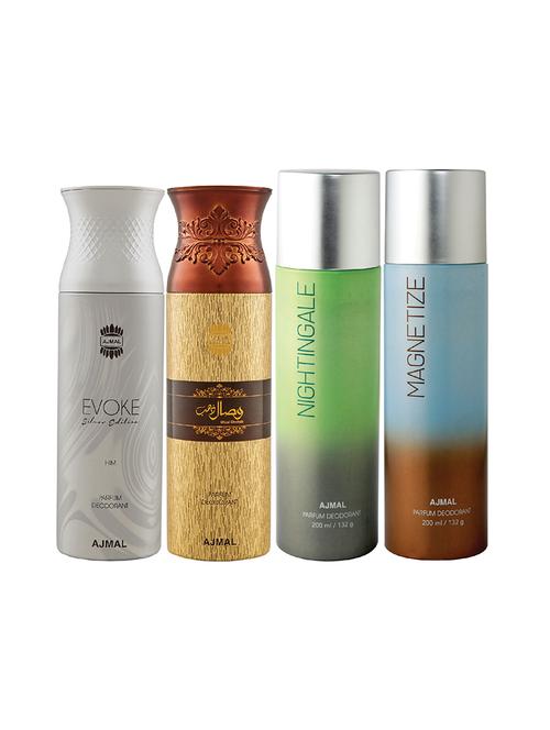 ajmal 1 evoke silver for men,1 wisal dhahab for men,1 nightingale,1 magnetize unisex pack of 4 deos(total 800ml)+3 testers - 17405053 - Very Small Image - 1