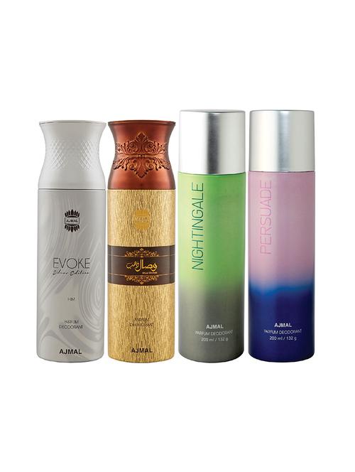 ajmal 1 evoke silver for men,1 wisal dhahab for men,1 nightingale,1 persuade unisex pack of 4 deos(total 800ml)+3 testers - 17405054 - Very Small Image - 1