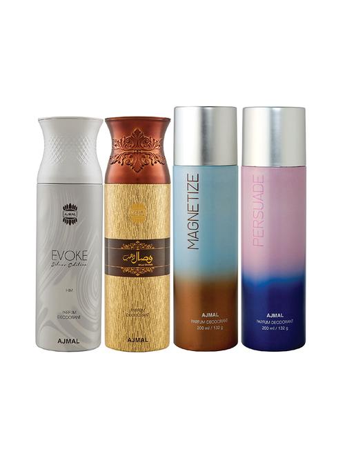 ajmal 1 evoke silver for men,1 wisal dhahab for men,1 magnetize,1 persuade unisex combo pack of 4 deos(total 800ml)+3 testers - 17405056 - Very Small Image - 1