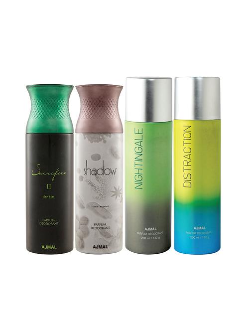 ajmal 1 sacrifice ii for men,1 shadow for men,1 nightingale,1 distraction unisex combo pack of 4 deos(total 800ml)+3 testers - 17405062 - Very Small Image - 1