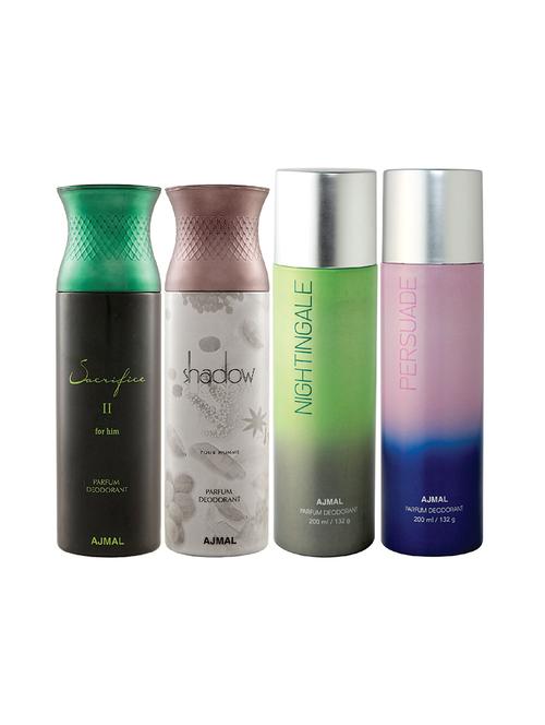 ajmal 1 sacrifice ii for men,1 shadow for men,1 nightingale,1 persuade unisex combo pack of 4 deos(total 800ml)+3 testers - 17405064 - Very Small Image - 1