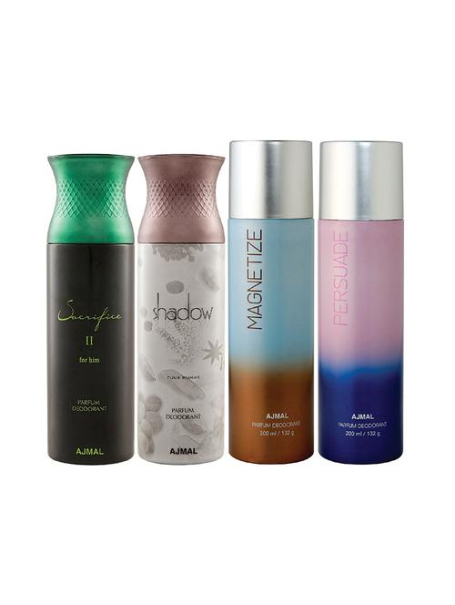 ajmal 1 sacrifice ii for men,1 shadow for men,1 magnetize,1 persuade unisex deodorant combo pack of 4(total 800ml)+3 testers - 17405066 - Very Small Image - 1