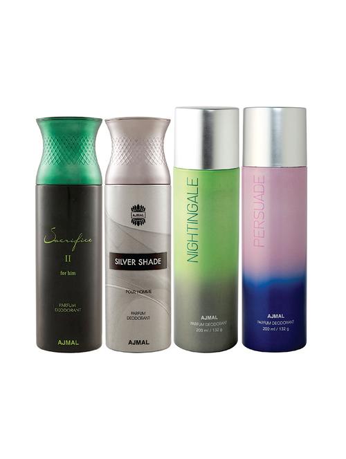 ajmal 1 sacrifice ii for men,1 silver shade for men,1 nightingale,1 persuade unisex pack of 4 deos(total 800ml)+3 testers - 17405069 - Very Small Image - 1