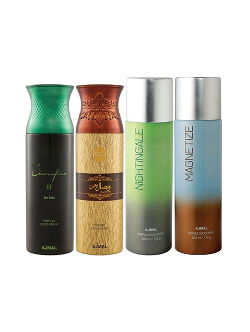 ajmal 1 sacrifice ii for men,1 wisal dhahab for men,1 nightingale,1 magnetize unisex pack of 4 deos(total 800ml)+3 testers - 17405073 - Very Small Image - 1