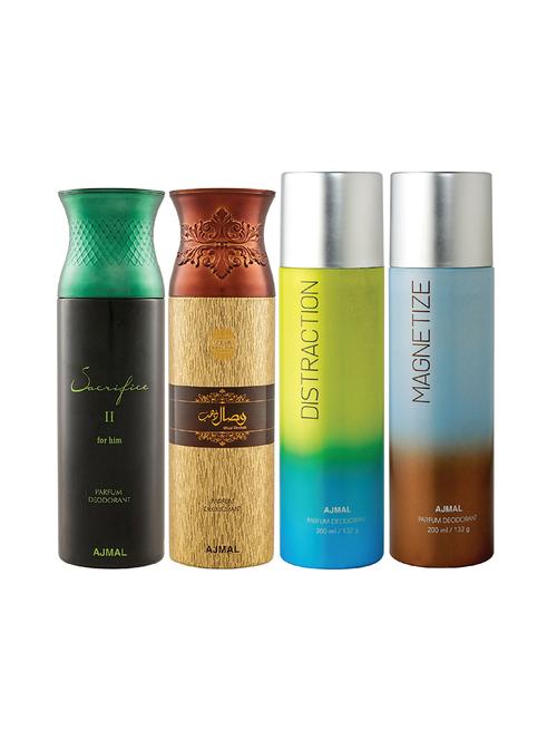 ajmal 1 sacrifice ii for men,1 wisal dhahab for men,1 distraction,1 magnetize unisex pack of 4 deos(total 800ml)+3 testers - 17405075 - Very Small Image - 1